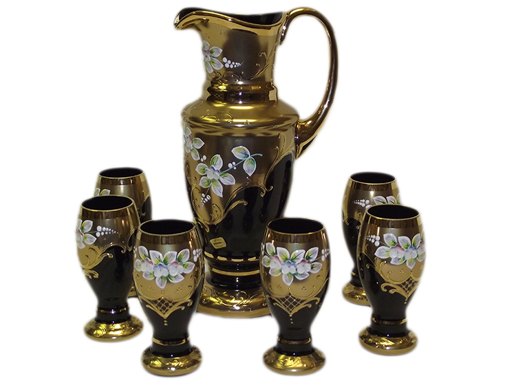 Bohemian Crystal High Enameled Water / Beer Set Black 7 pcs