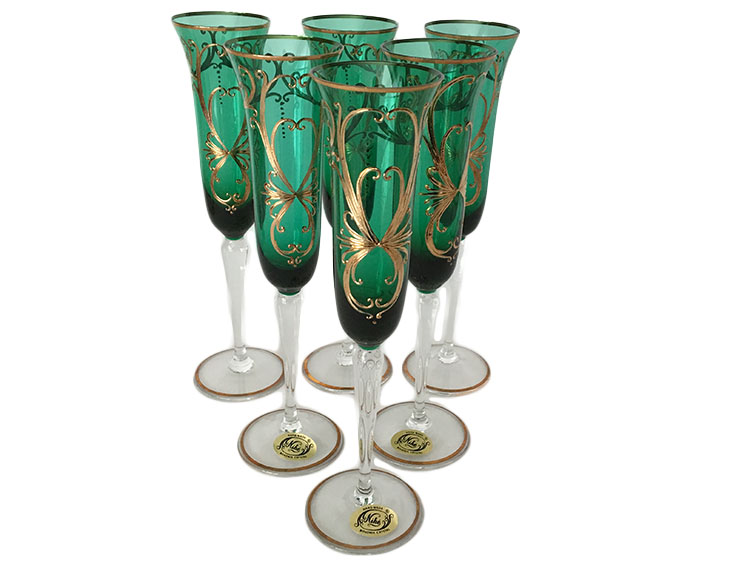 Bohemian Crystal High Enameled Glasses Green 120 ml / 4.25 oz
