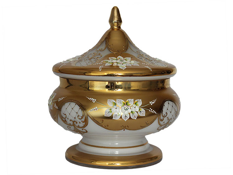 Bohemian Crystal High Enameled Large Bowl with Lid White