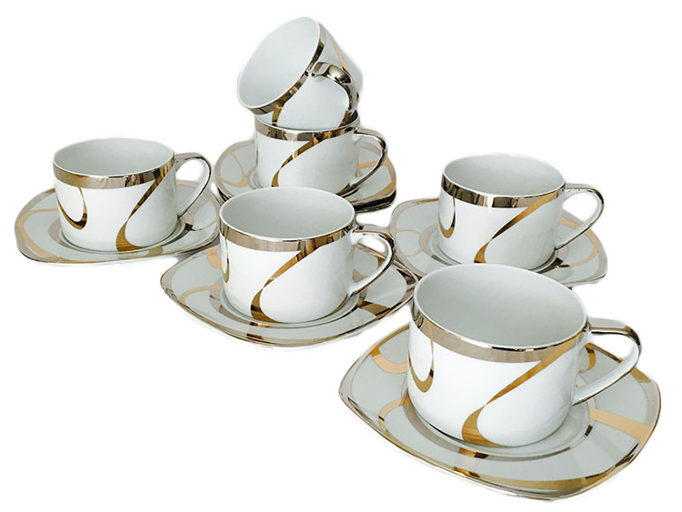Classic Coffee & Tea Metallic Swirl Design  Cups and Saucers