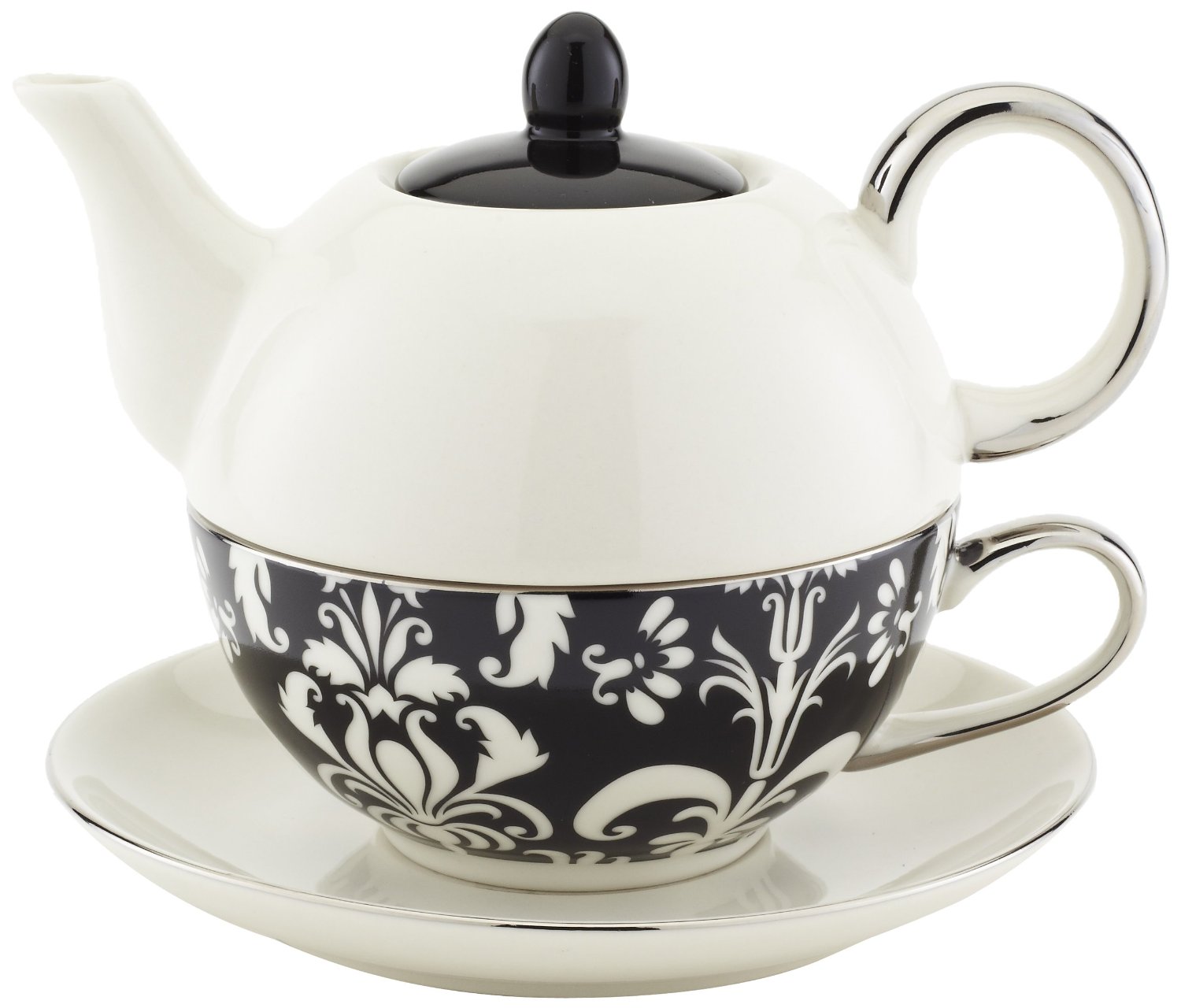 Classic Coffee & Tea Chic Tea Set for One  in White & Black Damask Design