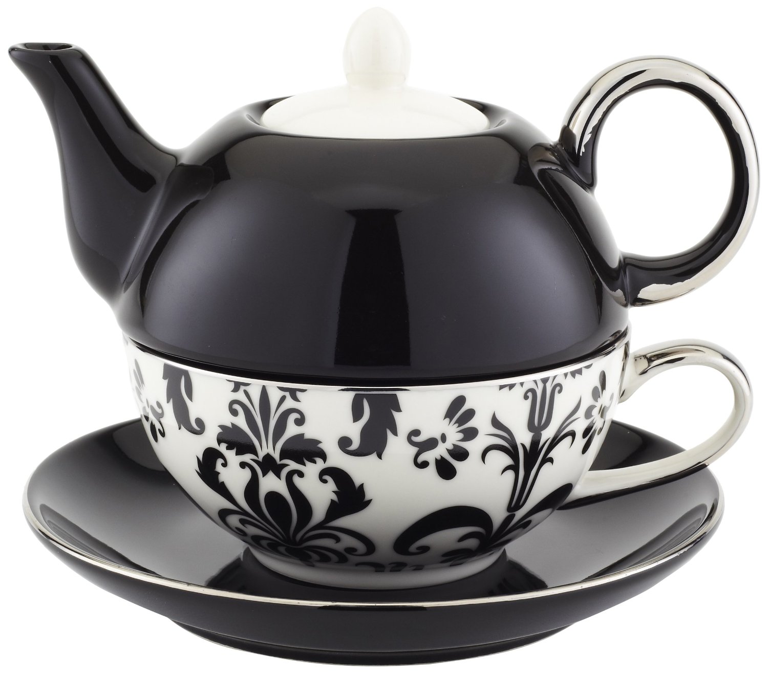 Classic Coffee & Tea Chic Tea Set for One  in Black & White Damask Design