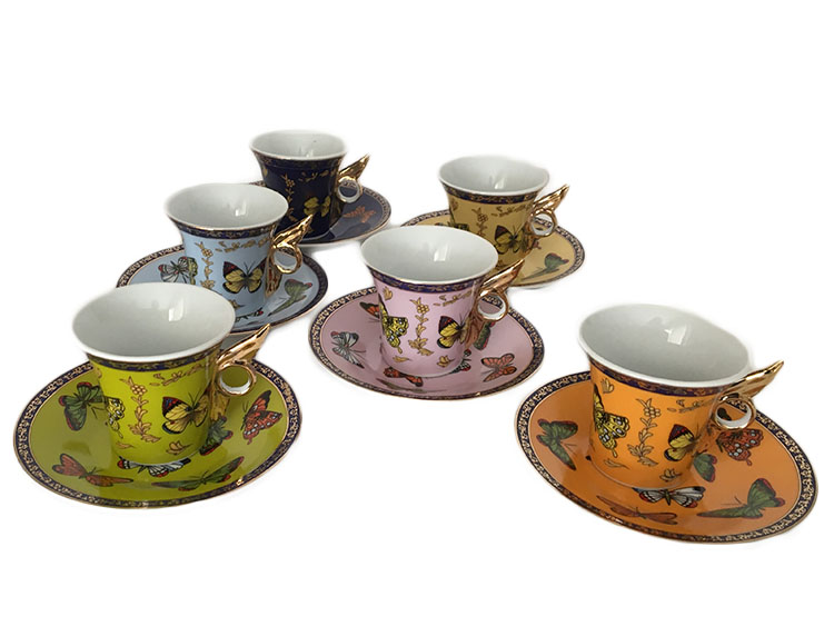 Classic Coffee and Tea Butterfly Espresso Cups and Saucers, Gold, Set of 6 